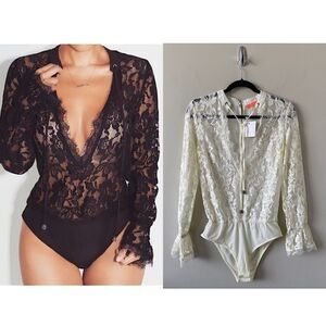 Lulumari-Lace Deep V Long Sleeve Cream Bodysuit